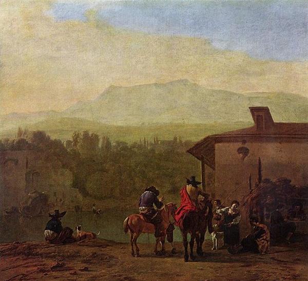 Karel Dujardin Rast vor einem italienischen Wirtshaus oil painting image